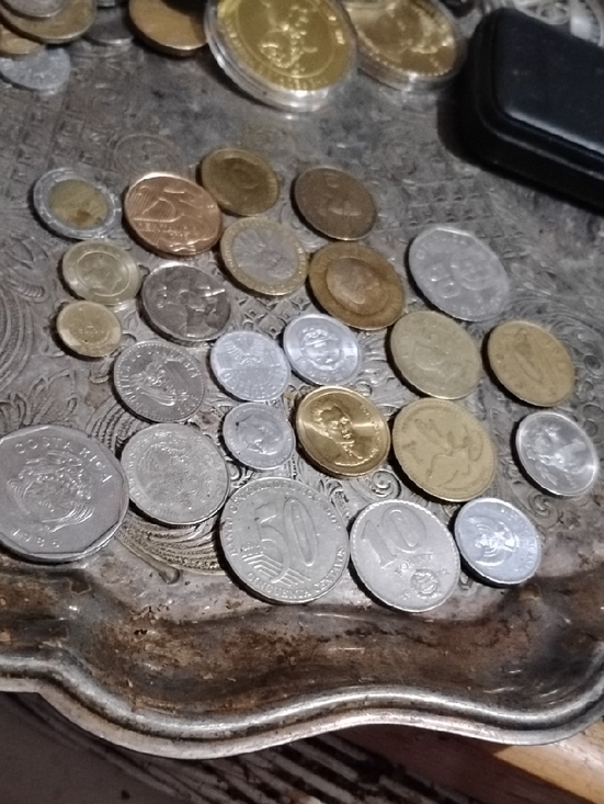 Other - Mixed Foreign Coin Collection on Decorative Metal Tray